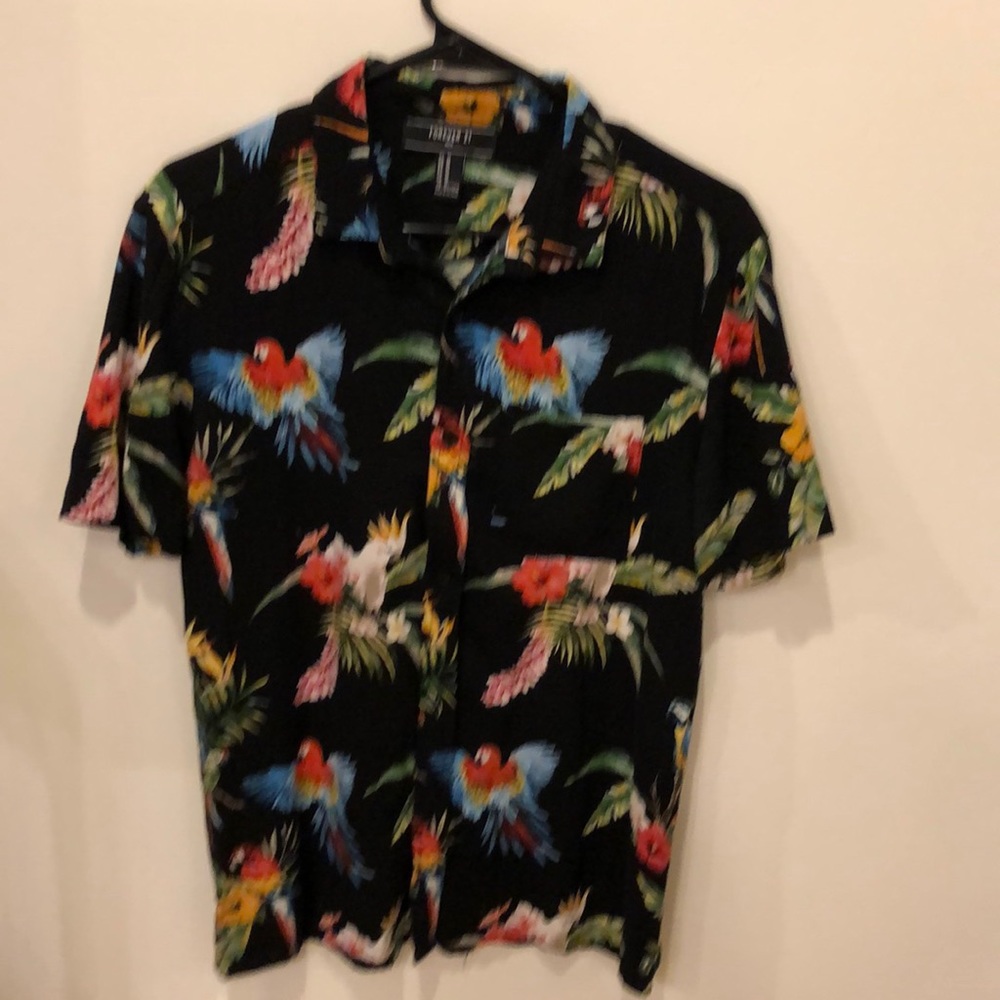 Black short sleeve printed button down shirt